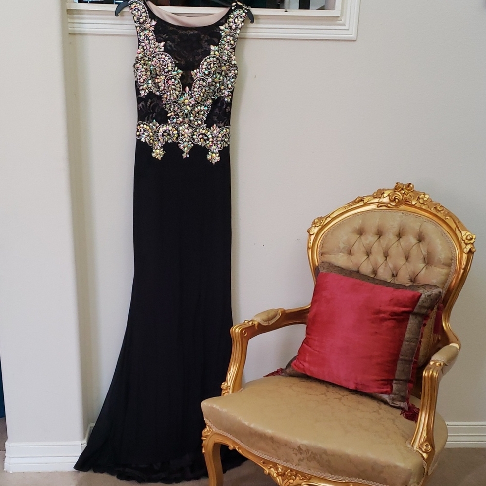 Cindy Collection USA Elegant Black Gown with Gold and Silver Embellishments